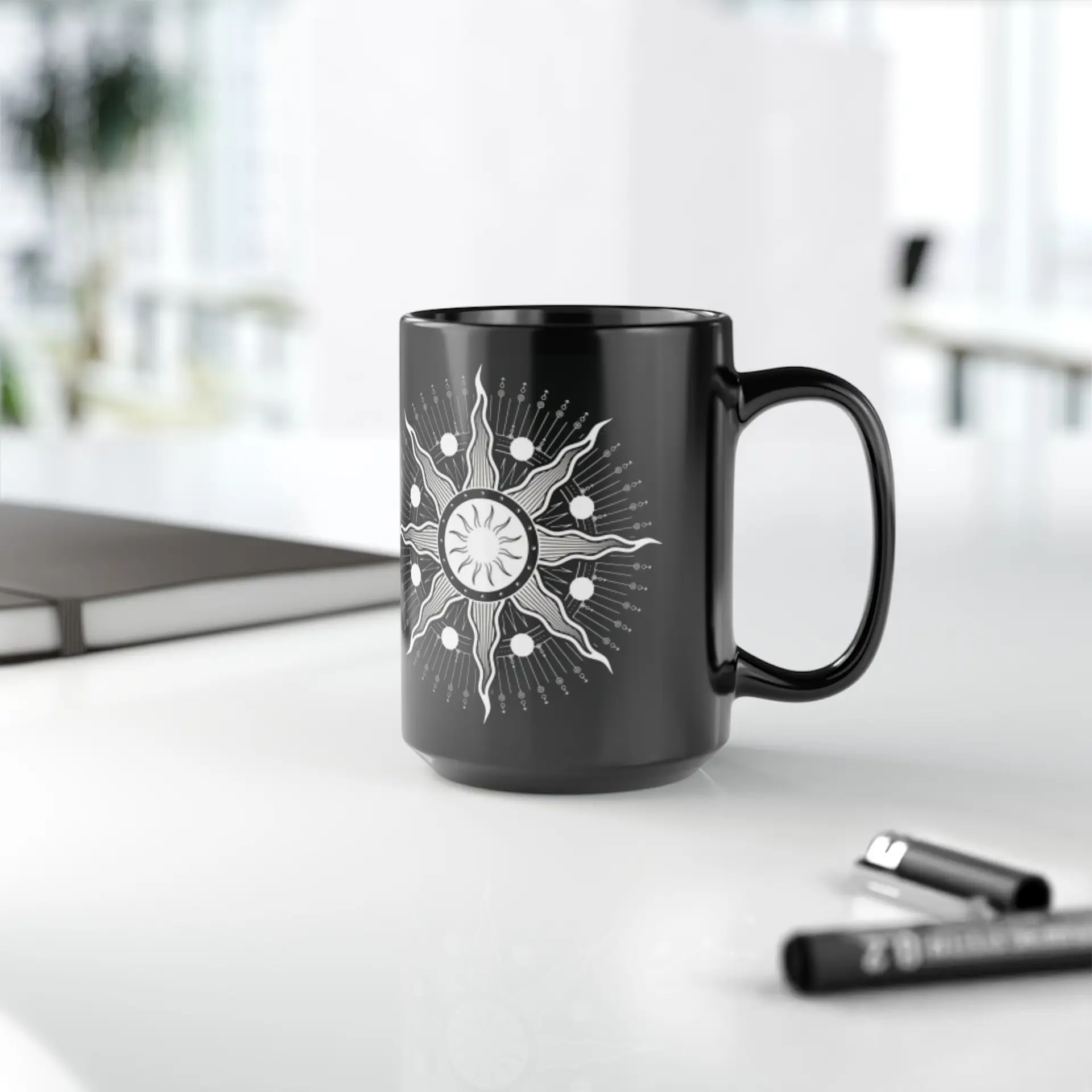 Coffee Mug Sacred Geometry | Glossy Black Ceramic | 15 oz | I'm on a Journey to Wisdom - Image 2