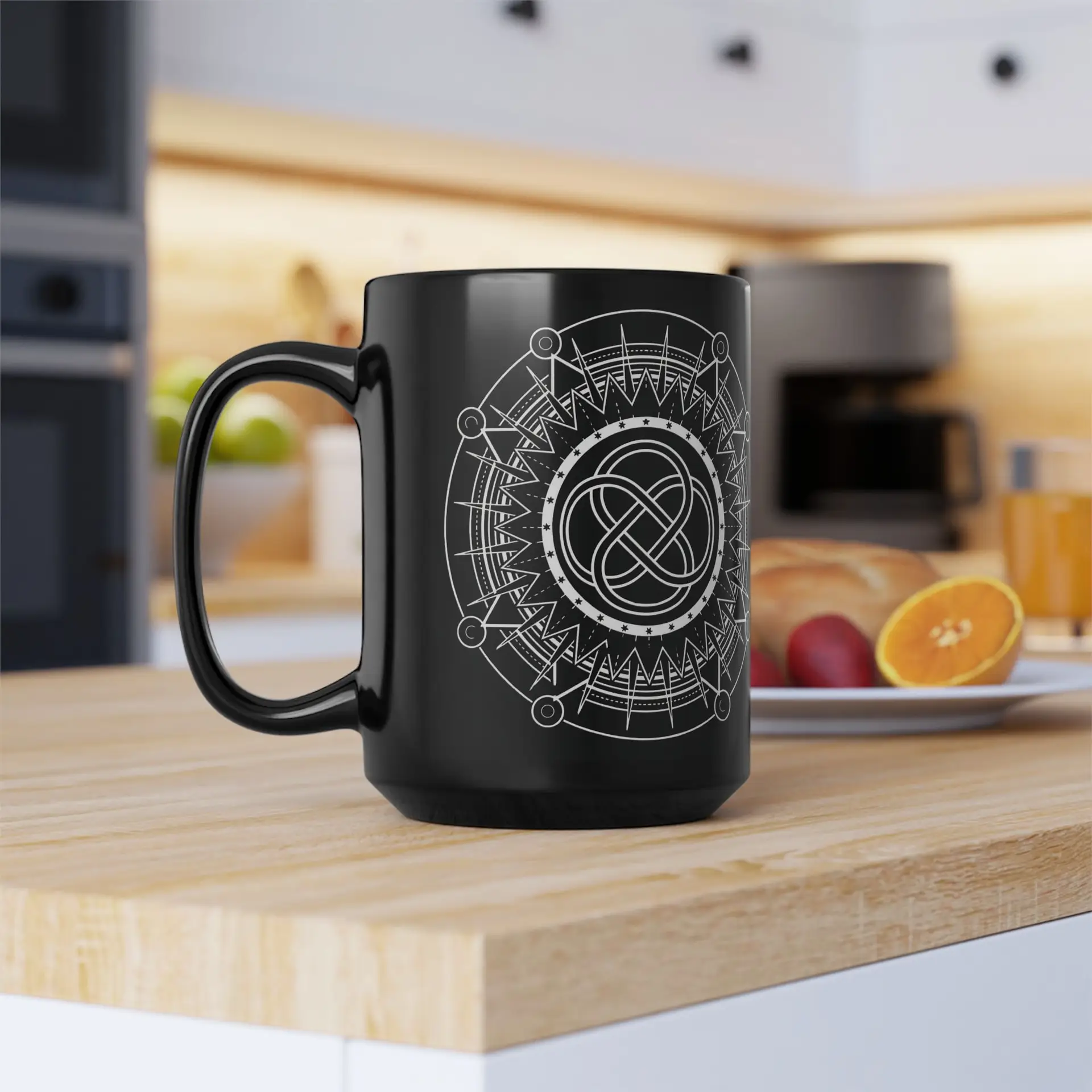 Coffee Mug Sacred Geometry | Glossy Black Ceramic | 15 oz | Powered by Love - Image 2