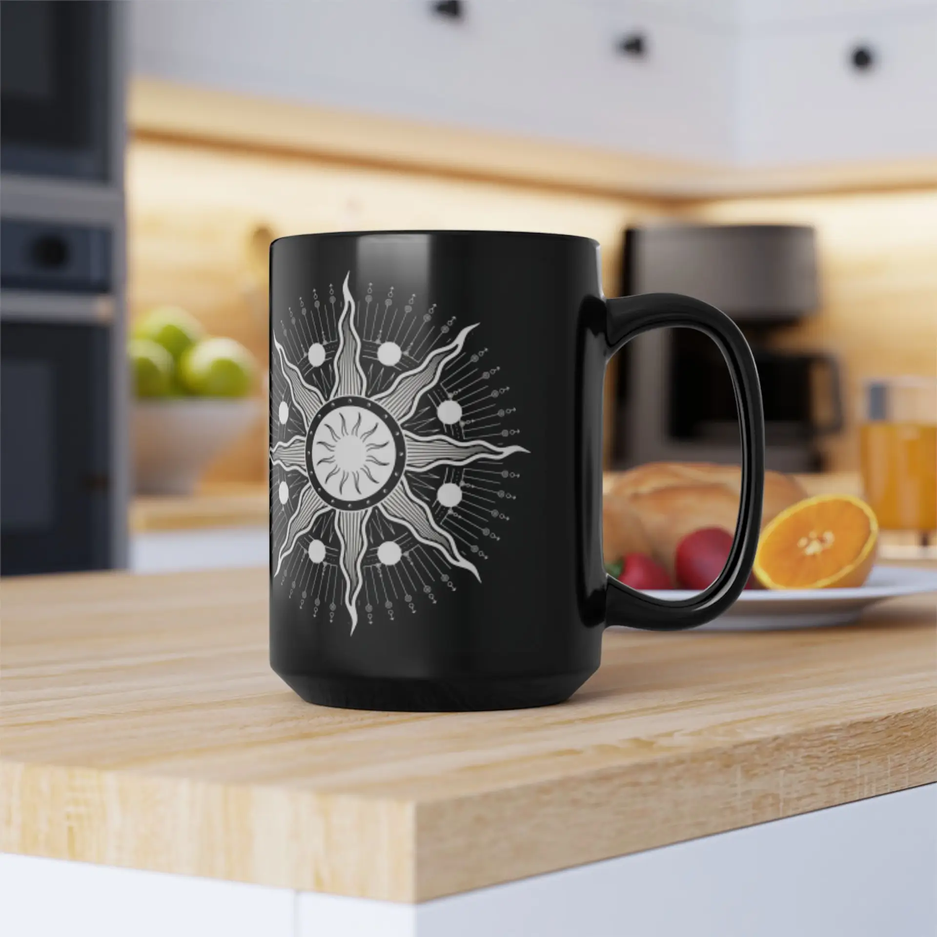 Coffee Mug Sacred Geometry | Glossy Black Ceramic | 15 oz | I'm on a Journey to Wisdom - Image 5