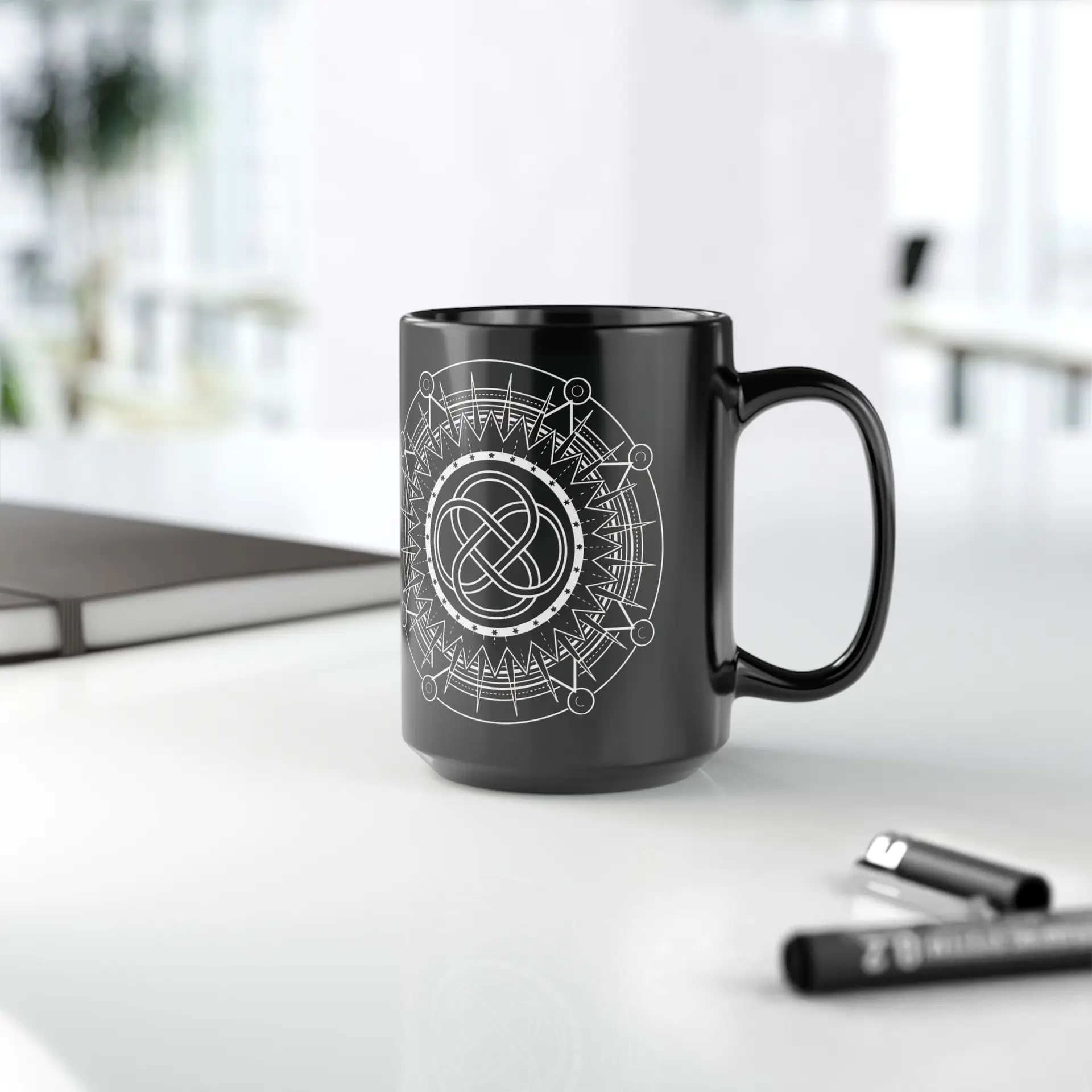 Coffee Mug Sacred Geometry | Glossy Black Ceramic | 15 oz | Powered by Love - Image 3
