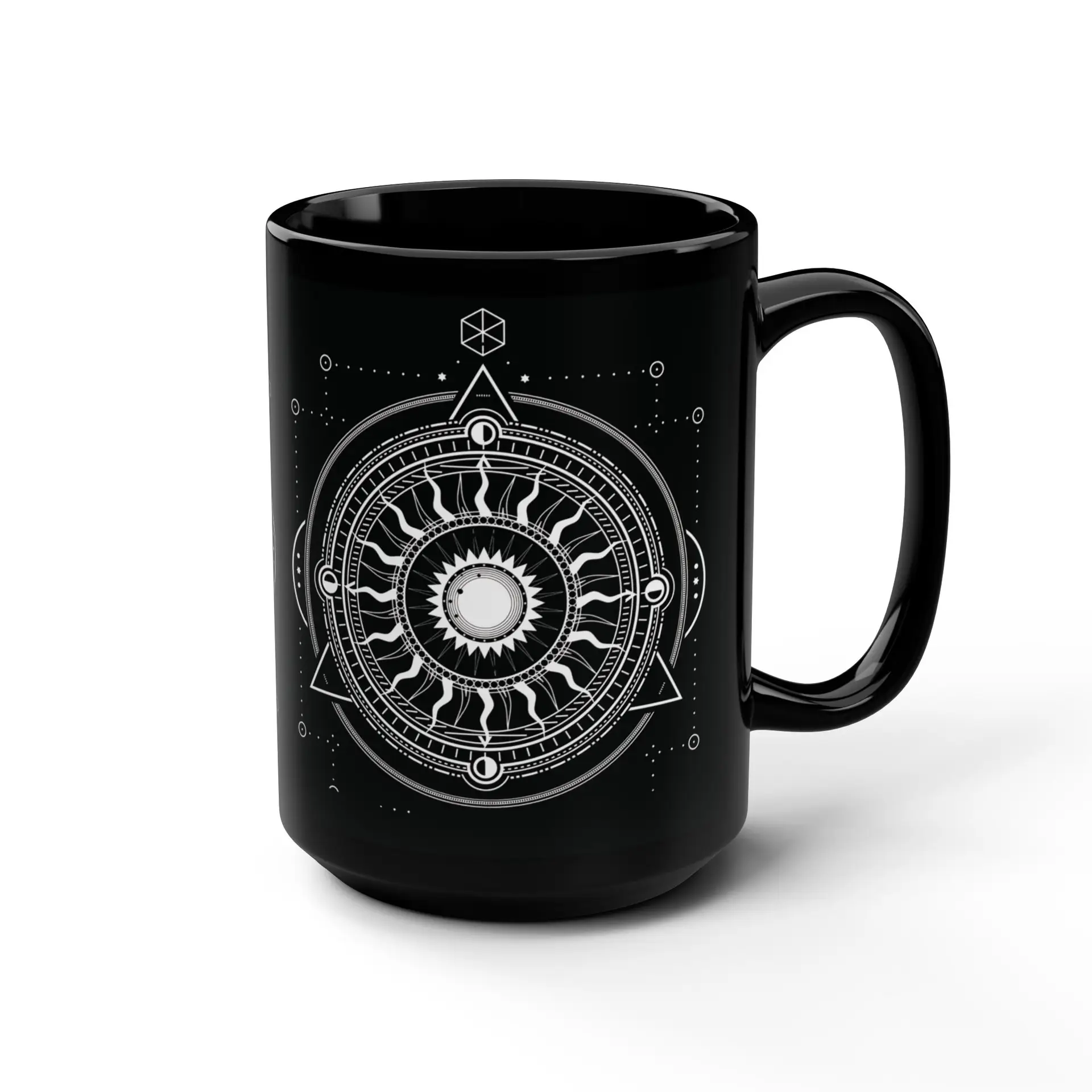 Coffee Mug Sacred Geometry | Glossy Black Ceramic | 15 oz | Your Strength is Love - Image 2