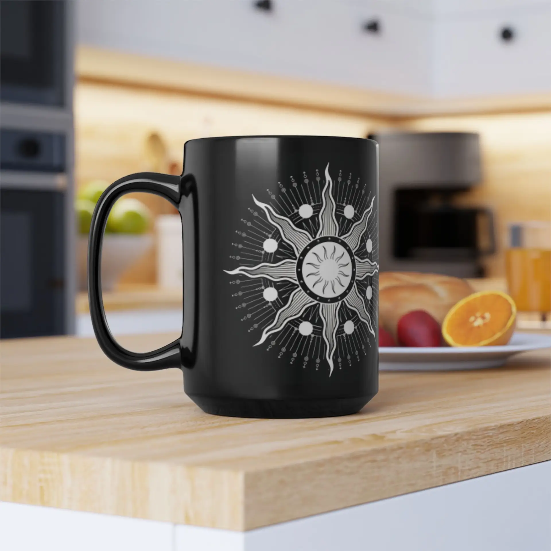 Coffee Mug Sacred Geometry | Glossy Black Ceramic | 15 oz | I'm on a Journey to Wisdom - Image 3