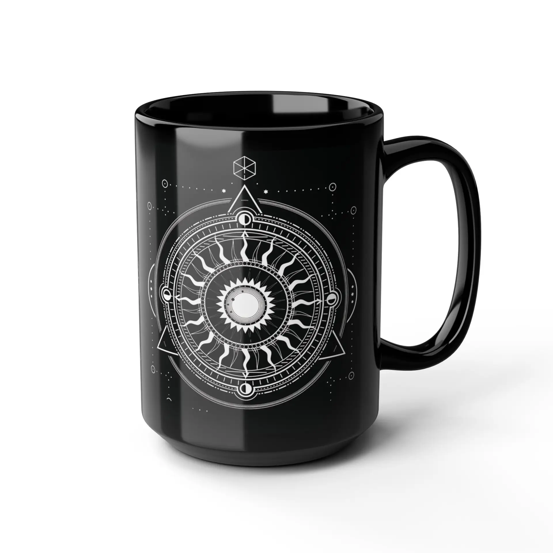 Coffee Mug Sacred Geometry | Glossy Black Ceramic | 15 oz | Your Strength is Love - Image 3