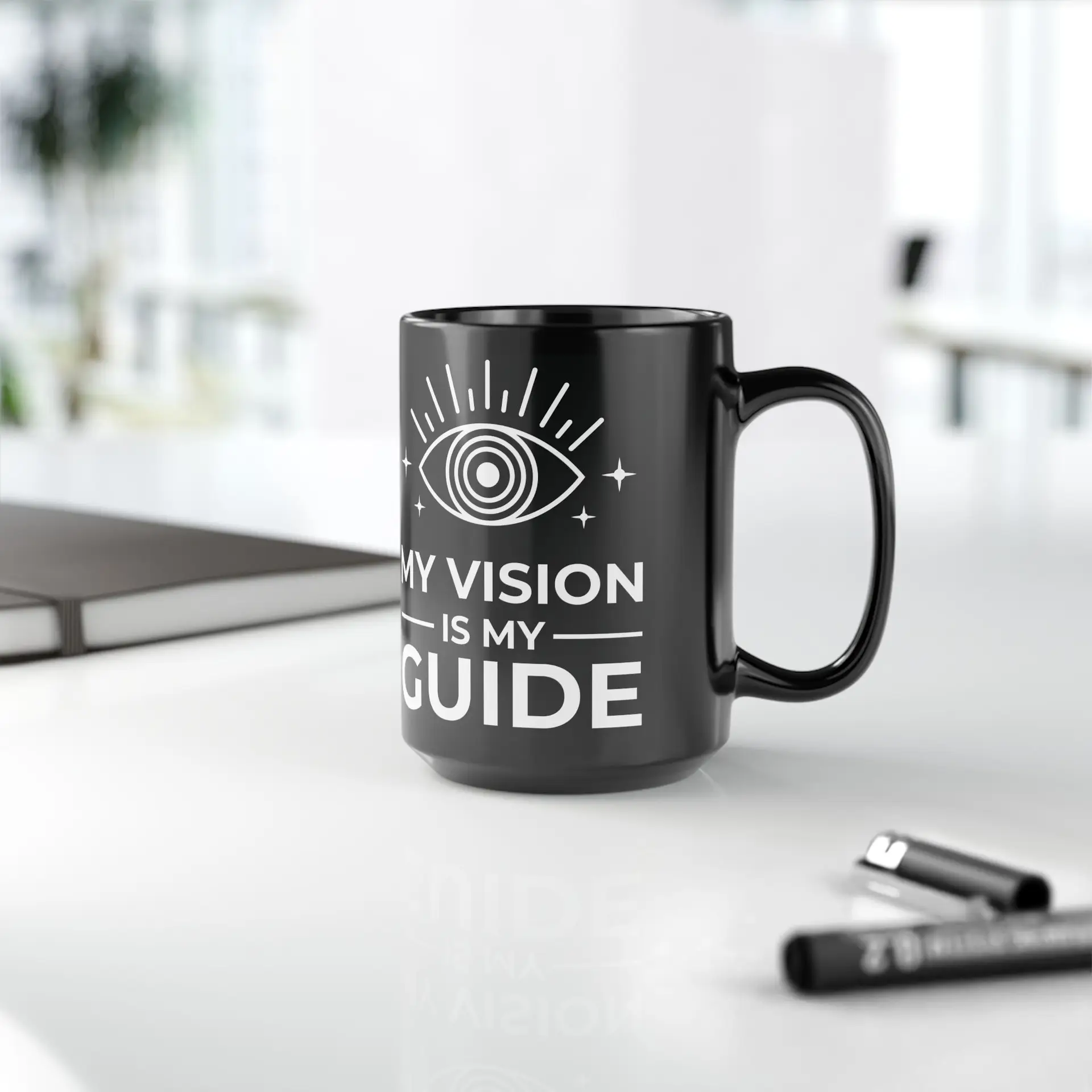 Coffee Mug Sacred Geometry | Glossy Black Ceramic | 15 oz | My Vision is My Guide - Image 3