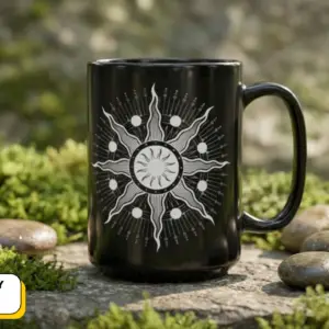 Coffee Mug Sacred Geometry | Glossy Black Ceramic | 15 oz | I'm on a Journey to Wisdom
