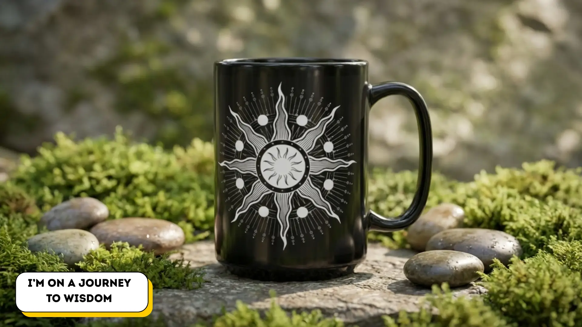Coffee Mug Sacred Geometry | Glossy Black Ceramic | 15 oz | I'm on a Journey to Wisdom