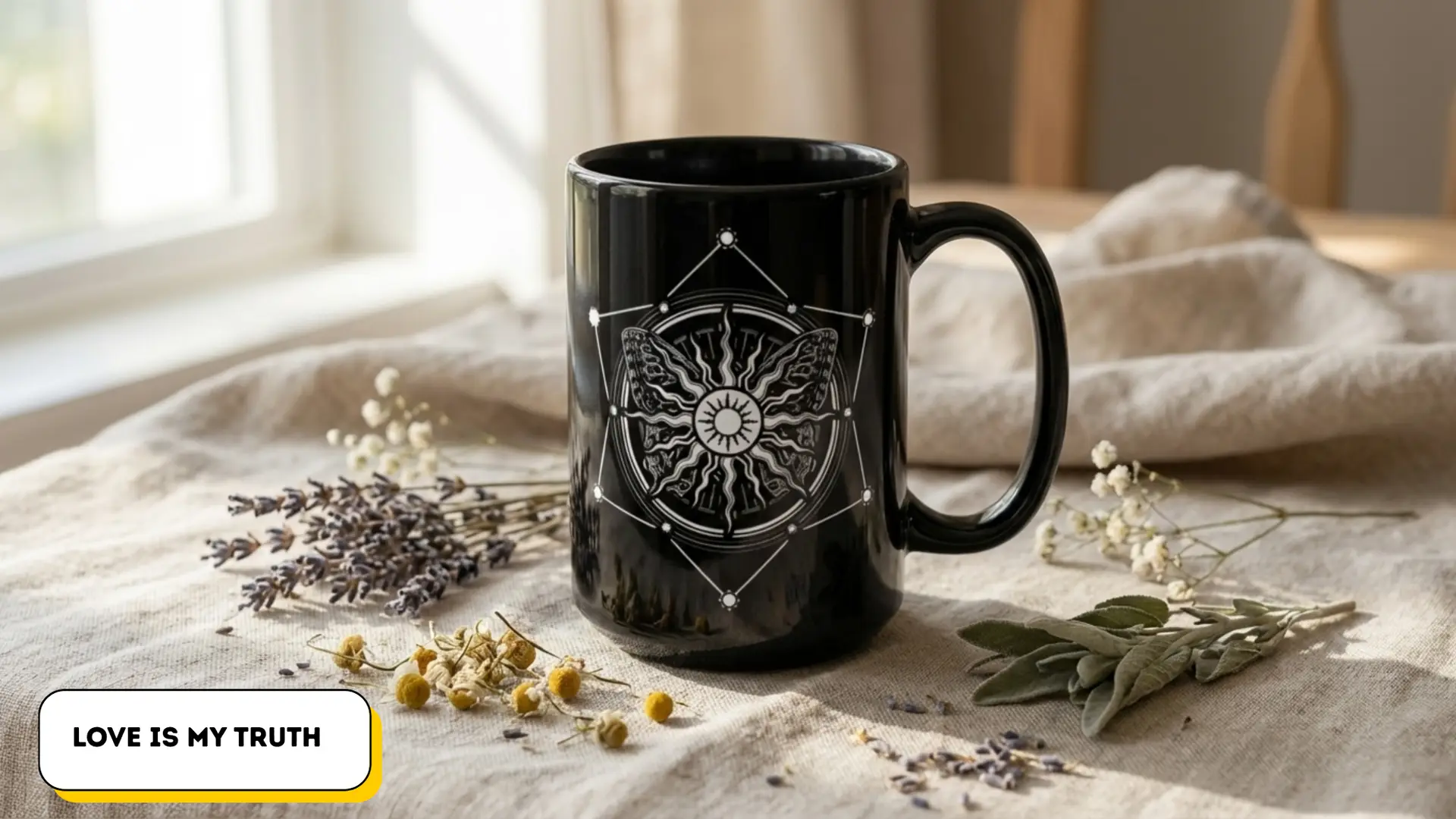 Coffee Mug Sacred Geometry | Glossy Black Ceramic | 15 oz | Love is My Truth