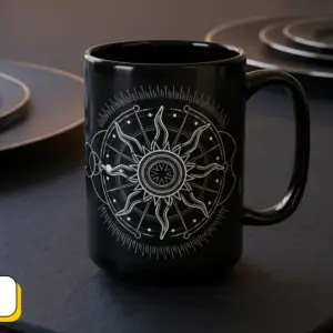 Coffee Mug Sacred Geometry | Glossy Black Ceramic | 15 oz | My True Religion is Love