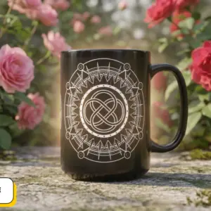Coffee Mug Sacred Geometry | Glossy Black Ceramic | 15 oz | Powered by Love