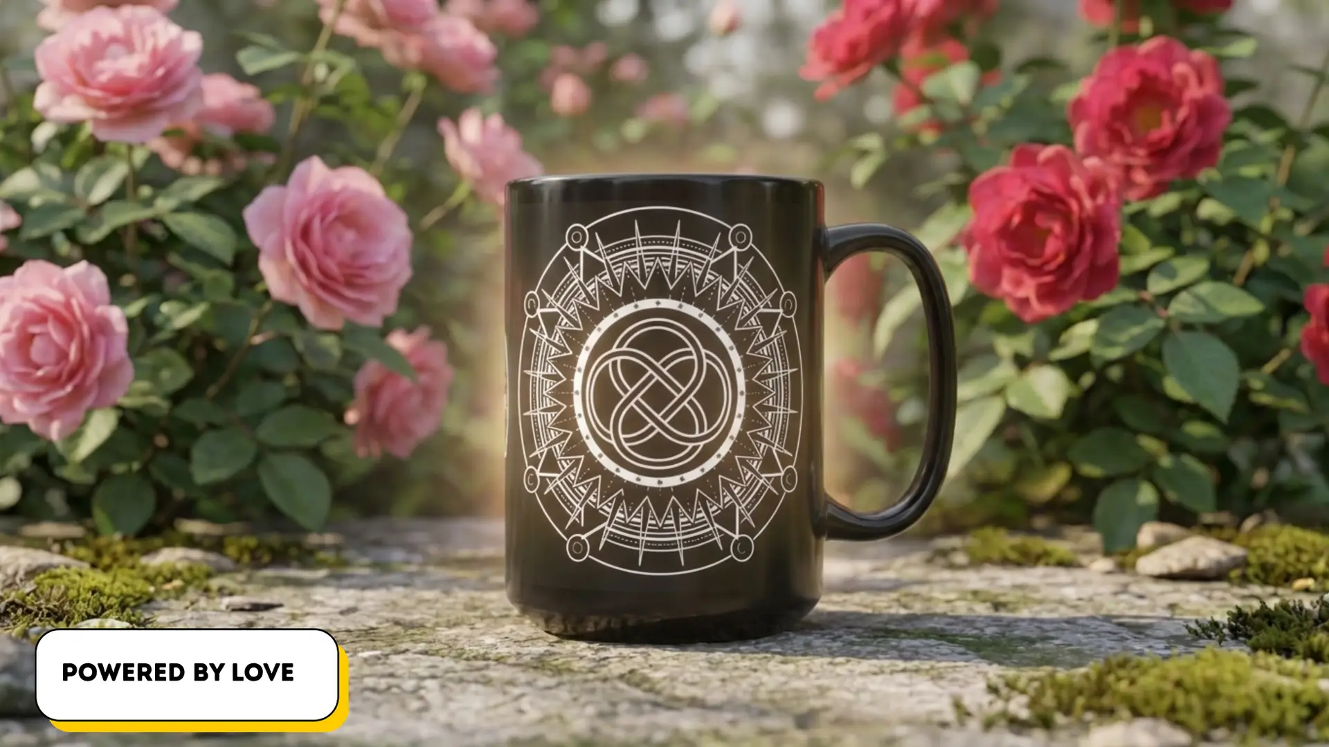 Coffee Mug Sacred Geometry | Glossy Black Ceramic | 15 oz | Powered by Love