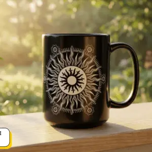 Coffee Mug Sacred Geometry | Glossy Black Ceramic | 15 oz | The Sun Gives Me Energy