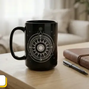 Coffee Mug Sacred Geometry | Glossy Black Ceramic | 15 oz | Your Strength is Love