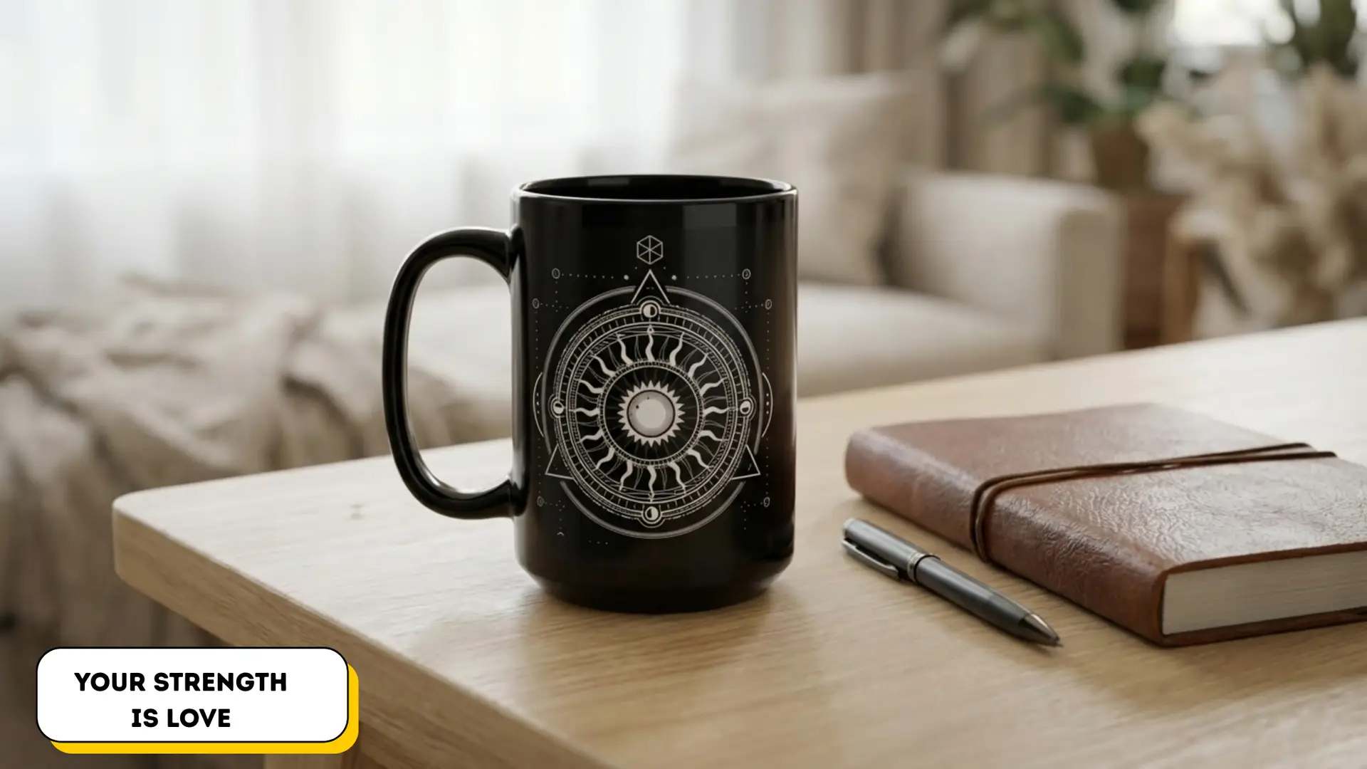 Coffee Mug Sacred Geometry | Glossy Black Ceramic | 15 oz | Your Strength is Love